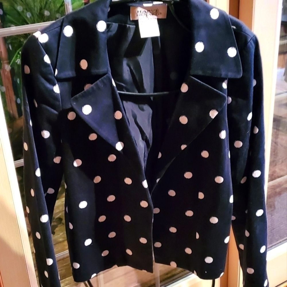 Harve Benard Womens Polka Dot Blazer Black White Notched Lapel Open Front Jacket